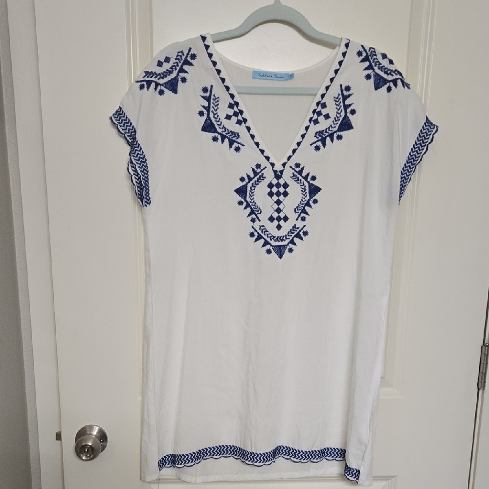 Elegant White Tunic with Navy Embroidery
